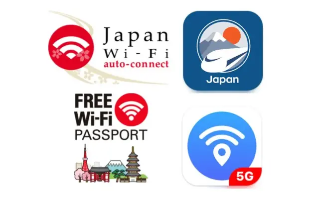 Collage of logos for popular free WiFi apps in Japan, including Japan Wi-Fi Auto-Connect, Free Wi-Fi Passport, and 5G Wi-Fi Finder.