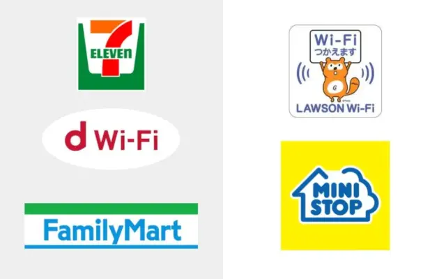 Collage of logos for popular convenience store WiFi services in Japan, including 7-Eleven, d Wi-Fi, Lawson Wi-Fi, FamilyMart, and MiniStop.