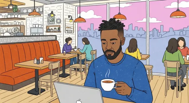 Illustration of a man drinking coffee while working on a laptop in a cafe with a view of the city skyline in Japan.