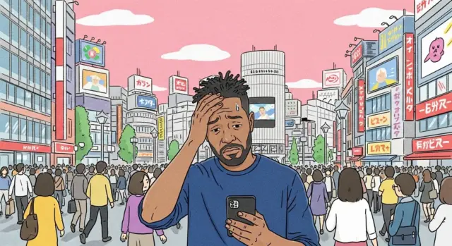Illustration of a man struggling with his phone connection while walking through Shibuya Crossing in Tokyo, Japan, surrounded by crowds and billboards.