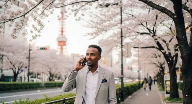 Man talking on the phone while walking under cherry blossoms with Tokyo Tower in the background, during sakura season in Japan.