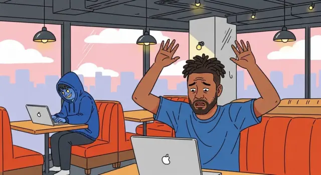 Illustration of a man concerned about WiFi security in a Tokyo cafe, with a hacker in a hoodie typing on a laptop in the background.