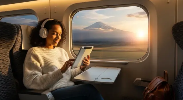 Traveler using a tablet while enjoying free WiFi on a Shinkansen train, with Mount Fuji visible in the background during sunset.