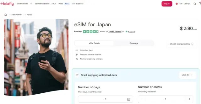 A screenshot of the Holafly Japan eSIM page showing a traveler with a backpack holding a smartphone, on a Japanese street, with plan details, data information, and fields to select number of days and eSIMs.