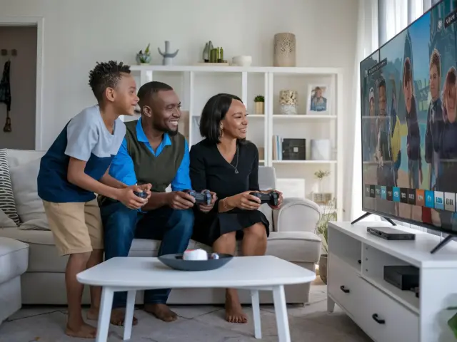 family playing video game home