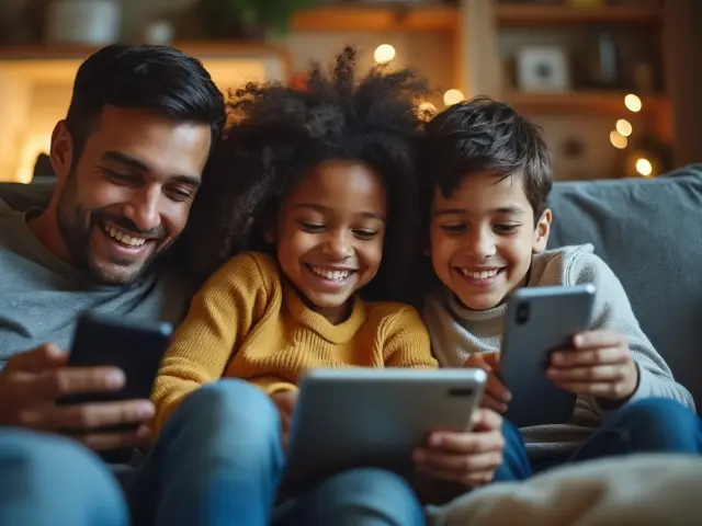 father kids enjoying devices