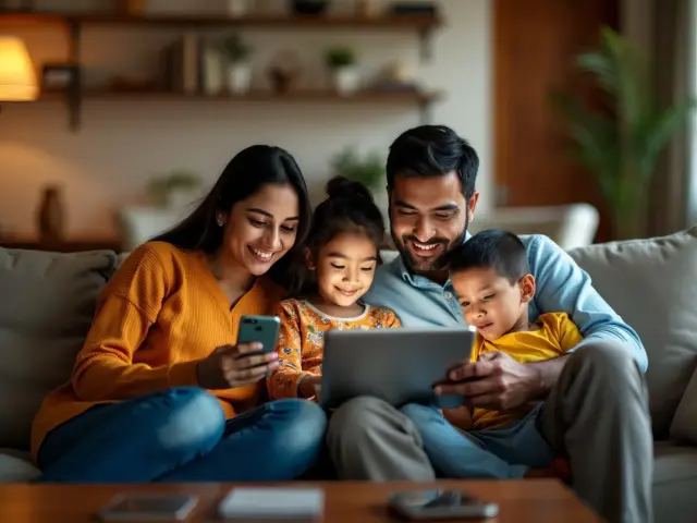 family enjoying mobile devices sofa
