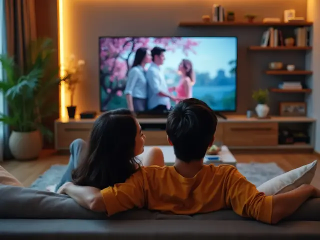 couple enjoying home movie