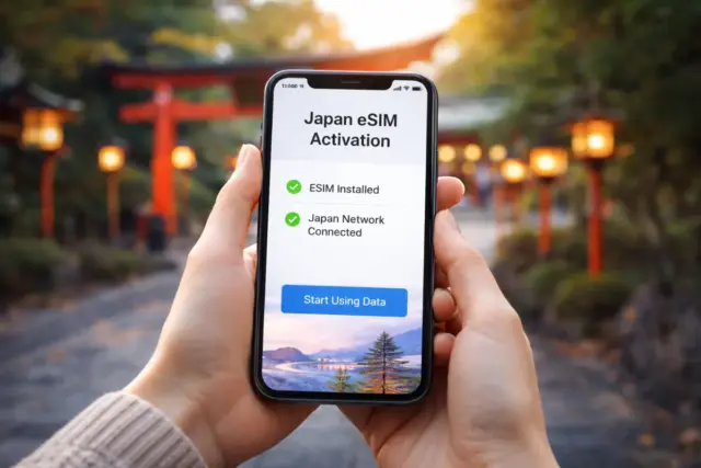 Hands holding a smartphone showing a Japan eSIM activation screen with confirmation checkmarks, set against a blurred traditional torii gate and lanterns in Japan at sunset.