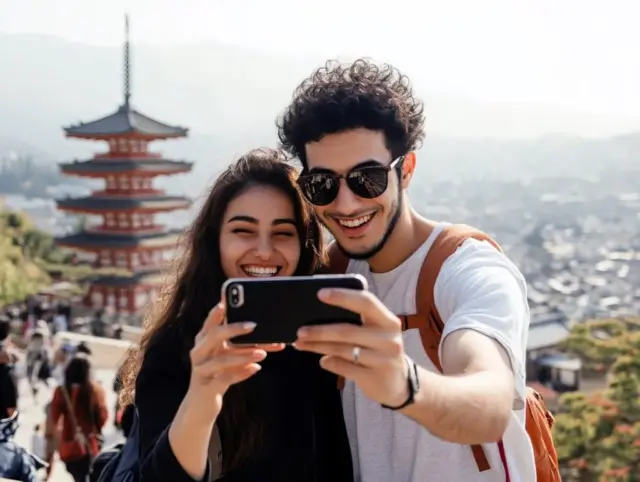 Couple taking a picture with a smartphone in front of Kiyomizudera Temple.