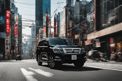 A black Uber SUV driving through a Japanese street.