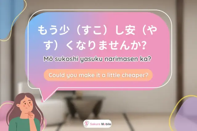 Thought bubble image shows the phrase "Could you make it a little cheaper?" in Japanese characters, romaji, and English.