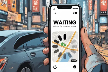 A person trying to hail an Uber on their smartphone, but stuck on a loading screen due to poor network connection.