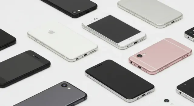 A variety of possible rental phones on a counter.