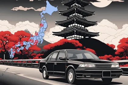 An illustration of an Uber taxi driving on a Japanese road, with a pagoda in the background, with a map of Japan.
