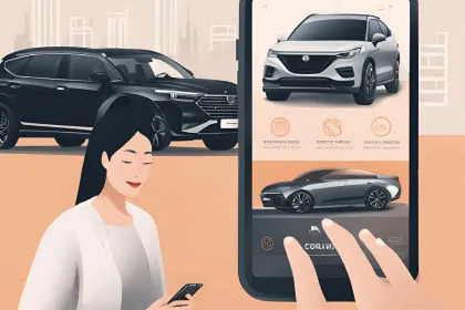 An illustration of a woman ordering an Uber to pick her up, and selecting her ride type.