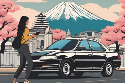 An illustration of a woman waiting on the side of the road, as an Uber pulls up to pick her up in front of a Mt. Fuji backdrop.