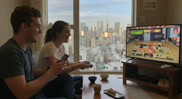 Friends enjoying a fun video game in their Tokyo apartment with a stunning view of Tokyo Tower. The couple is using WiFi for a seamless gaming experience, highlighting the convenience of high-speed internet in a foreigner-friendly apartment.