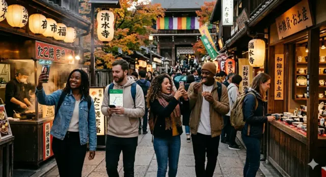 Five diverse young JETs exploring a bustling traditional Japanese street, interacting with technology and street food amidst glowing lanterns and shops.