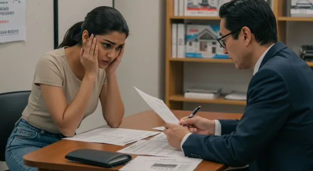A foreign woman looking stressed while sitting across from a rental agent, struggling with the complication of needing a Japanese phone number to rent an apartment, but needing a Japanese address to get a phone.