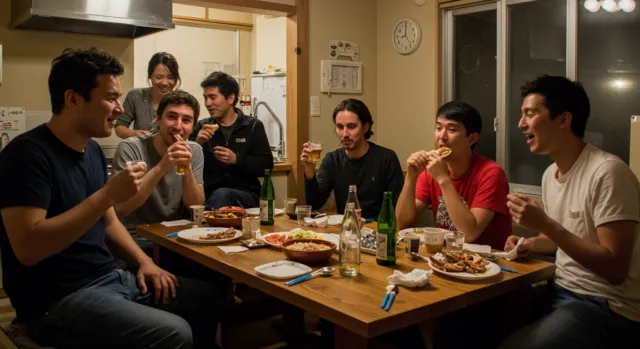 A group of friends enjoying a dinner party in a share house in Tokyo. The cozy setting highlight the community atmosphere of living in a foreigner friendly share house or apartment, perfect for mid-term rentals or cultural exchange.