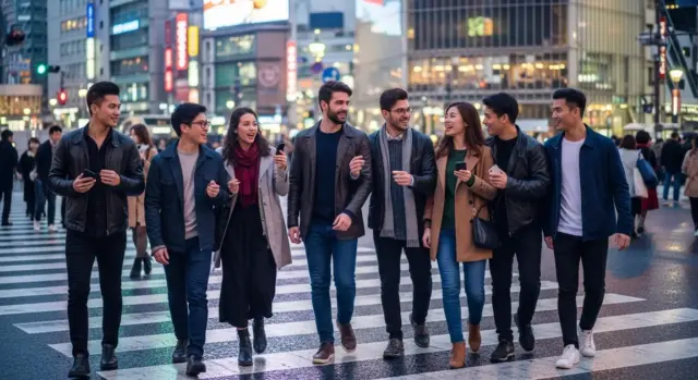 Expats using mobile phones at a busy street crossing in Japan.