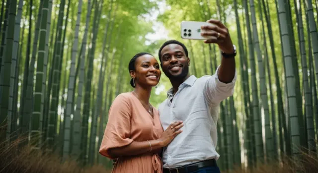 Couple using a smartphone in a bamboo forest in Japan while staying connected with a local eSIM or SIM card.