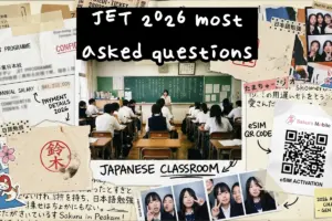 A creative scrapbaord-style collage featuring a Japanese classroom, salary details, and an eSIM activation QR code for the 2026 JET Programme FAQ.