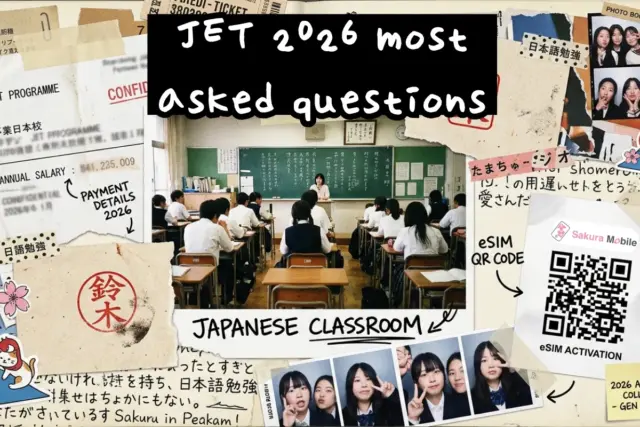 A creative scrapbaord-style collage featuring a Japanese classroom, salary details, and an eSIM activation QR code for the 2026 JET Programme FAQ.