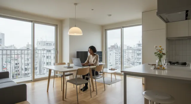 A woman working remotely on a laptop in a foreigner-friendly apartment in Tokyo, with WiFi included. The modern, bright space offers a comfortable living environment for long-term stays in the city.