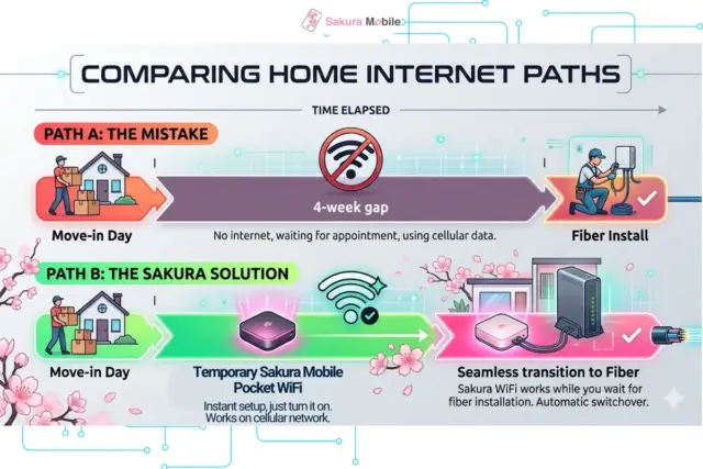 Comparison infographic of internet setup: Path A (mistake) shows a 4-week gap without WiFi; Path B (Sakura Mobile Solution) provides immediate Pocket WiFi followed by a seamless transition to fiber.