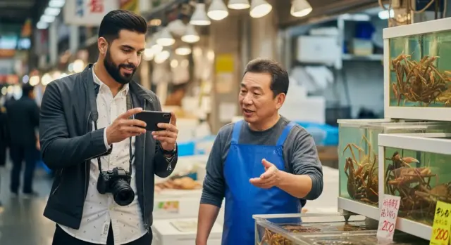 Man using smartphone in a Japanese market while living in Japan.