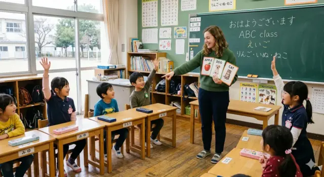 A young Western woman teaches English o Japanese elementary school children using flashcards with pictures of an apple, a dog, and a cat, as the students eagerly raise their hands.