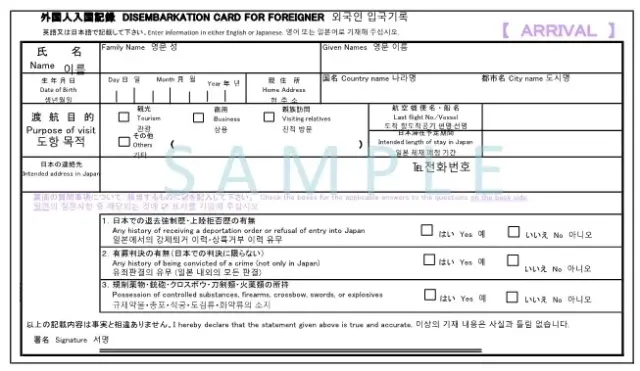 A sample of the Japanese Disembarkation Card for Foreigners, featuring fields for name, purpose of visit, and checkboxes for legal declarations.