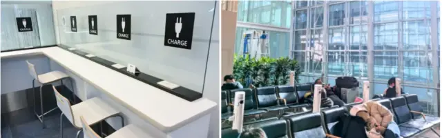 image of charging stations for devices at every other seat in departure lobby in Haneda Airport