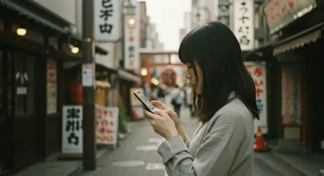 A student using their phone to navigate through the streets of Japan.