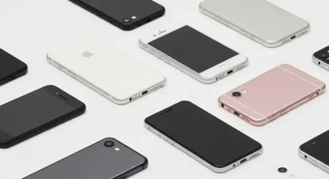 A variety of possible rental phones on a counter.