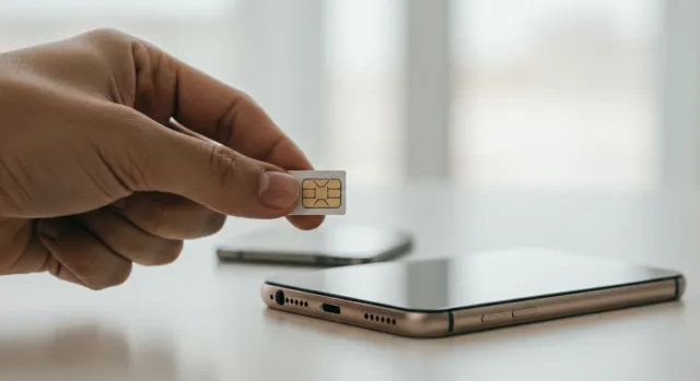 A close-up of someone holding a SIM card to insert into a phone.