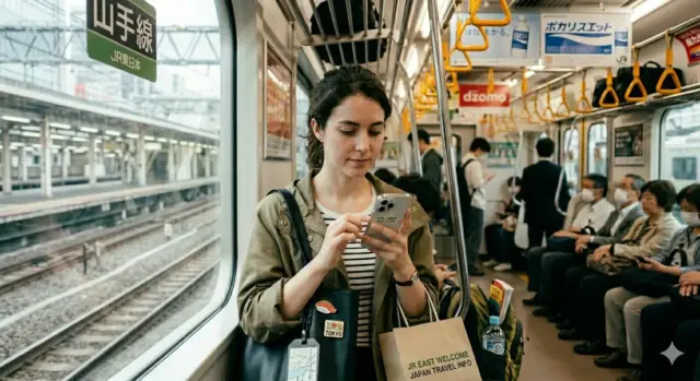 A woman using her smartphone on the JR Yamanote train in Tokyo with other commuters around her.