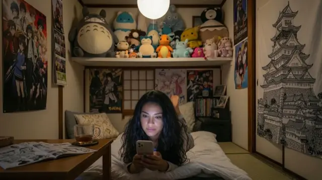 Woman in an anime-themed room, using her phone surrounded by anime posters and plush toys.