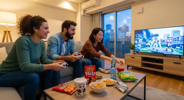 Friends playing video games together while enjoying Japanese snacks in a cozy living room in Tokyo.