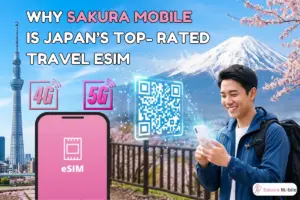 A smiling traveler stands near blooming cherry blossoms, looking at smartphone from which a holographic QR code for eSIM floats, with Mount Fuji and Tokyo Skytree in the background.