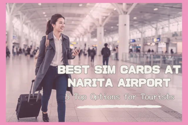 A smiling woman with a suitcase and phone walks through a bright terminal in Narita Airport.