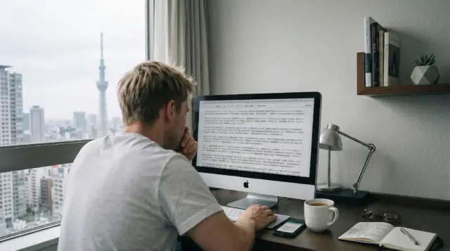 English-speaking man struggling to read a Japanese internet contract on an iMac with Tokyo Skytree in the background.