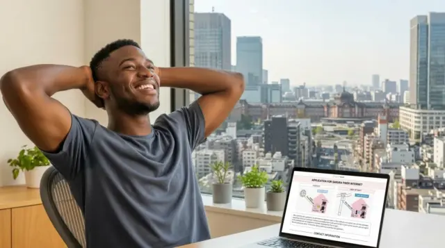 Man relaxing in an office with a view of the city, looking at a laptop displaying the Sakura Fiber Internet application form.