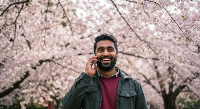 A man is happily using his phone while walking through the sakura in Ueno, Tokyo, thanks to the prepaid SIM or Pocket WiFi by Sakura Mobile.