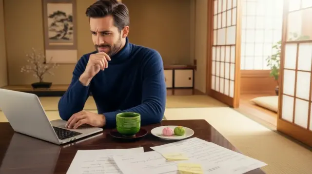 Man working on a laptop in a Japanese-style room with matcha tea and sweets on the table.
