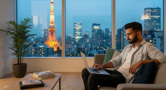Man working on a laptop with Tokyo Tower and cityscape illuminated at night.
