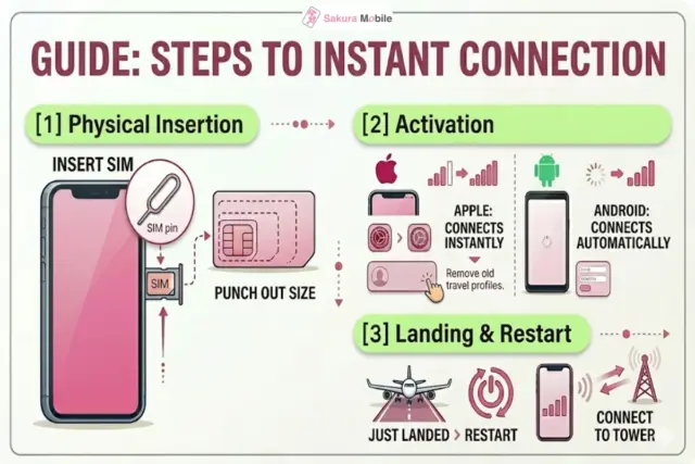 A step-by-step infographic showing how to physically insert, activate, and use a mobile SIM card with Apple and Android instructions.