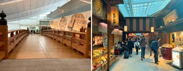People walking and shopping around the Edo Koji area in Haneda Airport.